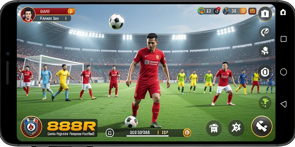 Screenshot gameplay <strong>888R</strong> yang menampilkan aksi seru di lapangan sepak bola.