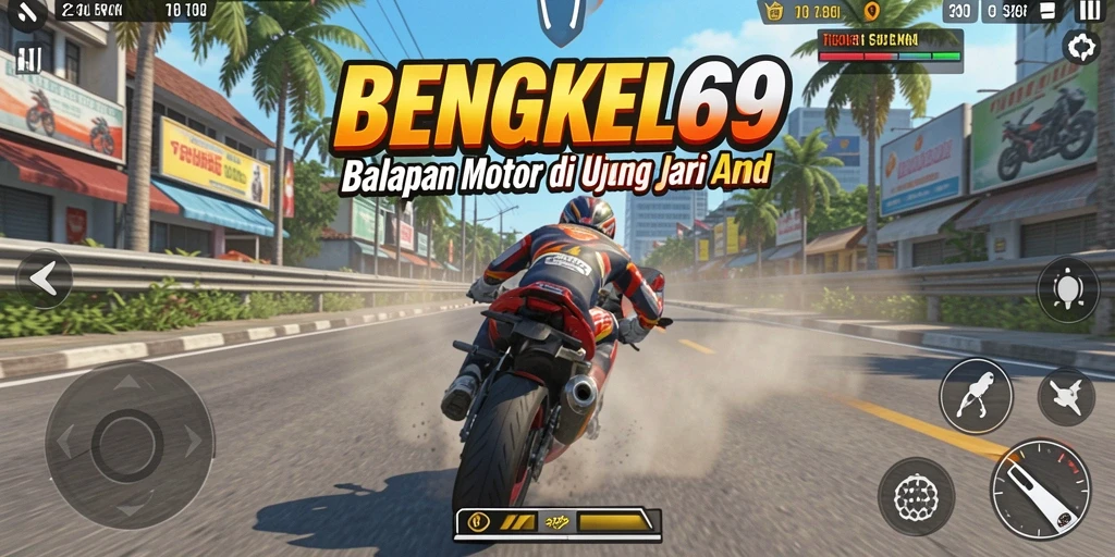 Gameplay seru dalam BENGKEL69 saat balapan motor.