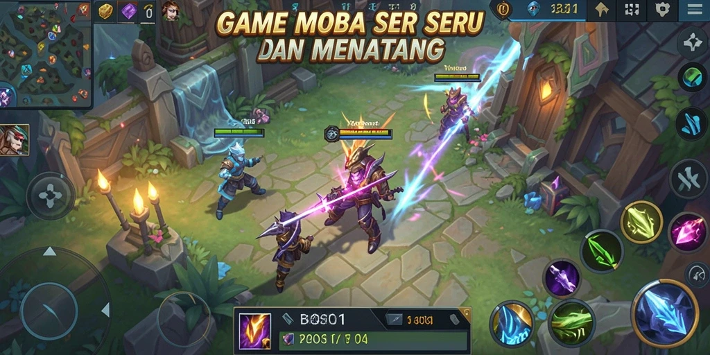 Tangkapan layar gameplay seru di BOS01 dengan aksi pertempuran MOBA.