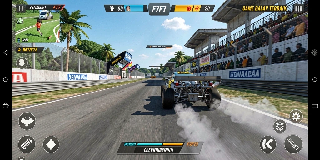 Screenshot gameplay F7F7 menampilkan aksi balapan yang mendebarkan.
