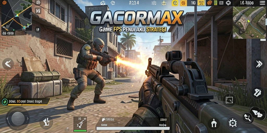 Screenshot GACORMAX menampilkan aksi intens dalam pertempuran FPS.