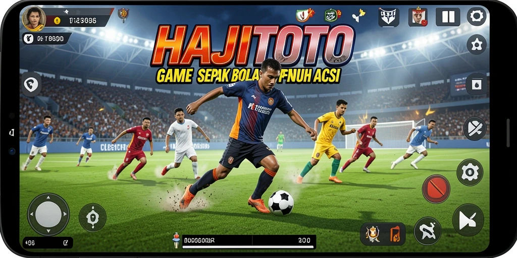 Screenshot gameplay HAJITOTO dengan aksi sepak bola penuh semangat.