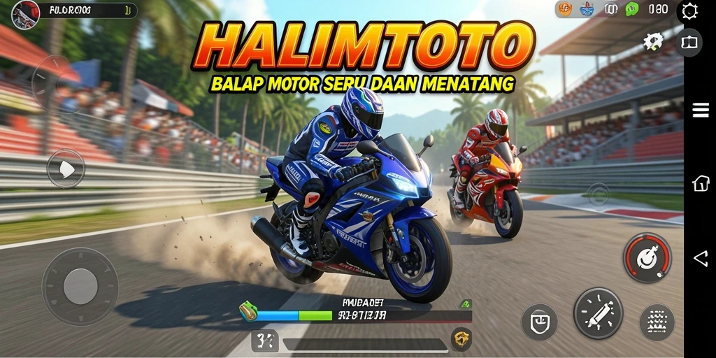Tampilan gameplay <strong>HALIMTOTO</strong> yang mendebarkan di lintasan balap motor.