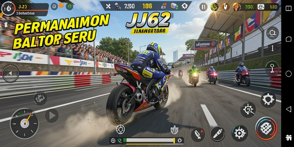 Screenshot gameplay JJ62 menampilkan balapan motor yang intens.