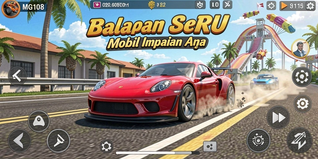 Tampilan gameplay seru MG108 dengan mobil balap yang bergerak cepat.