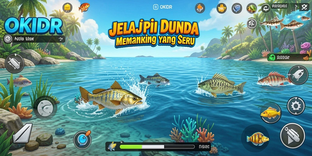 Screenshot gameplay OKIDR dengan pemancing yang bersemangat menangkap ikan.