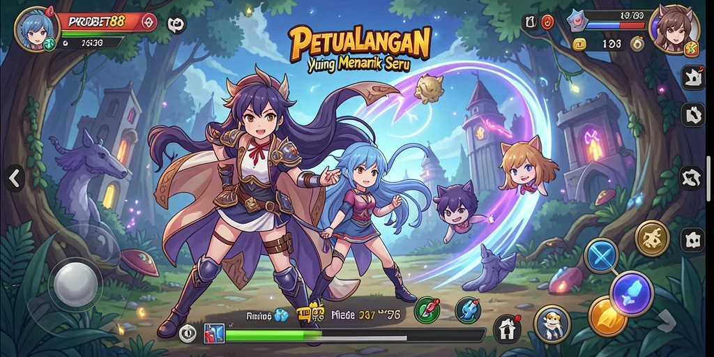 Tampilan gameplay menarik dari PROBET88 dengan karakter anime yang beragam.