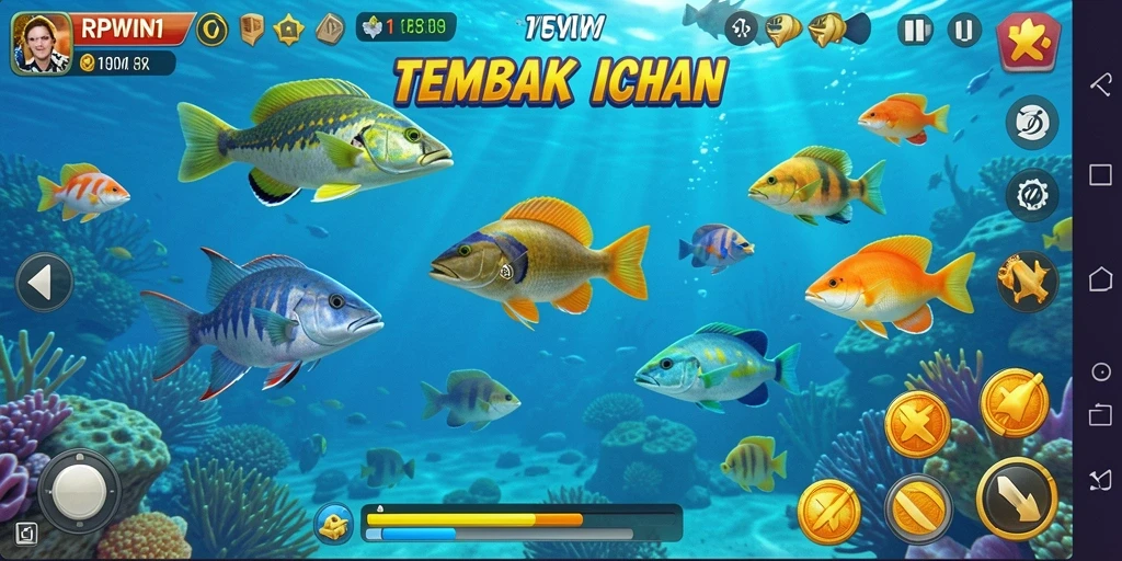 Screenshot gameplay menarik dari RPWIN1 yang menampilkan aksi menangkap ikan.