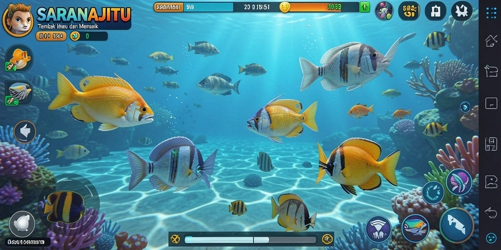 Screenshot gameplay seru dari SARANAJITU saat menembak ikan.