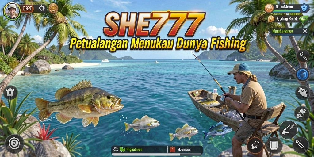 Screenshot gameplay menunjukkan aksi seru dalam menangkap ikan di laut.