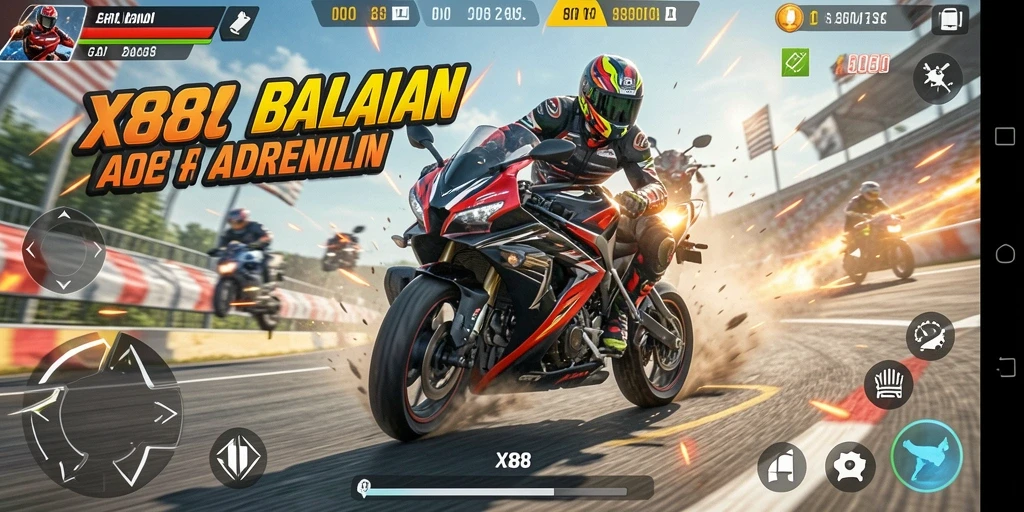 Tampilan gameplay X88 dengan balapan motor yang mendebarkan.