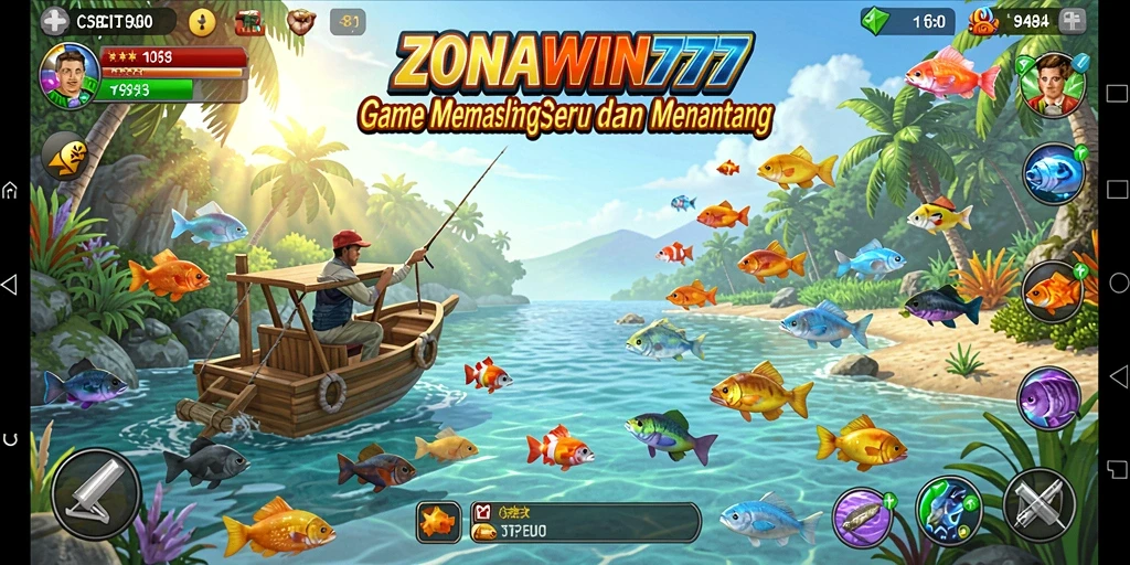 Tampilan gameplay ZONAWIN777 yang seru saat memancing di danau.